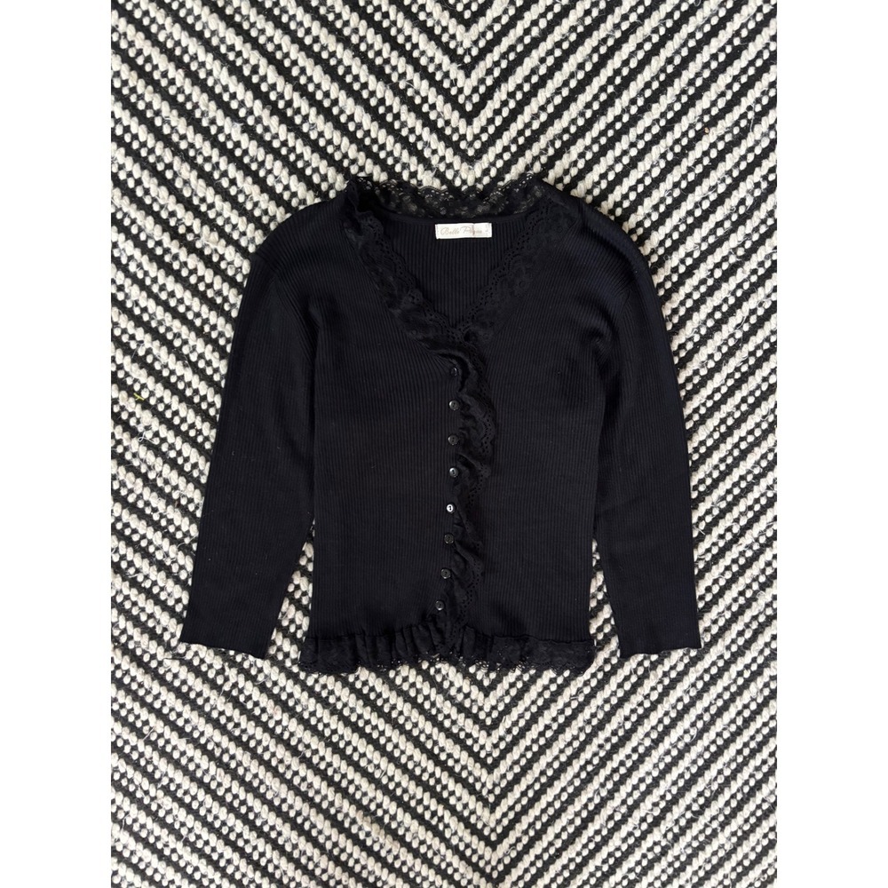 Belle Poque Black Ribbed Lace Trim Cardigan Top V-Neck Button Down LARGE Grunge